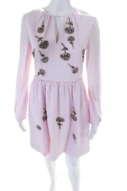New Markdowns Dice Kayek Women's Long Sleeve With Rhinestone Beaded Flower Dress Pink New Markdowns Dice Kayek Women's Long Sleeve With Rhinestone Beaded Flower Dress Pink