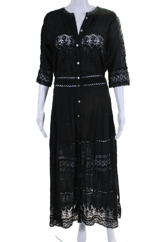 Discount Days Love Shack Fancy Womens Button Front Lace Trim Maxi Shirt Dress Black