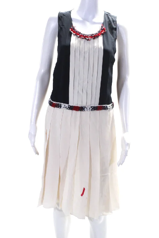 Grand Opening Sale D&G Dolce & Gabbana Womens Beaded Pleated A Line Dress Ivory Navy