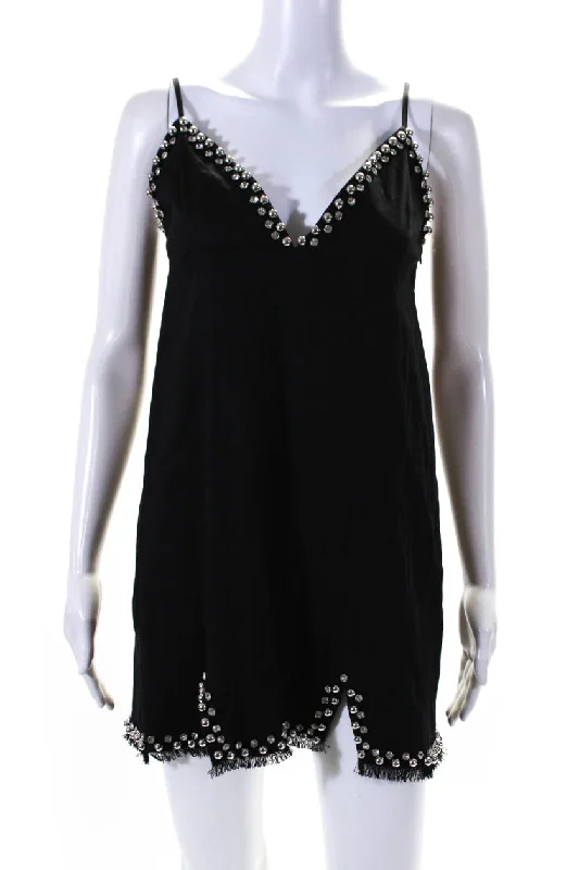 Sale Event Simkhai Womens Rhinestone Beaded V Neck Mini Sheath Dress Black Linen
