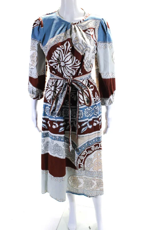 Great Deals Leonard Womens Abstract Belted 3/4 Sleeve Midi Shift Dress Blue Brown