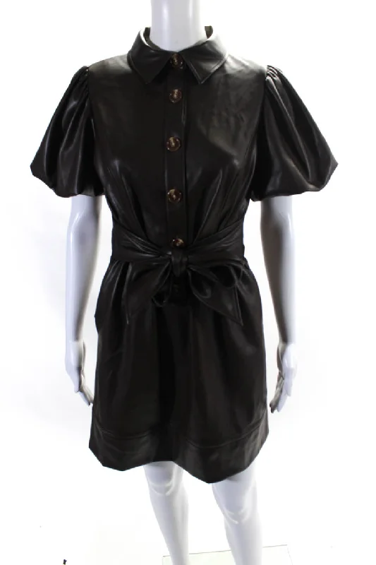 Buy Now Toccin Womens Short Puff Sleeve Faux Leather Shirt Dress Brown