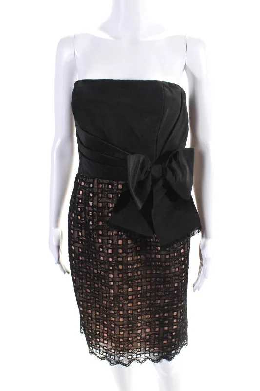 Grand Opening Sale Oscar de la Renta Womens Lace Eyelet Bow Waist Strapless Dress Black Beige Grand Opening Sale Oscar de la Renta Womens Lace Eyelet Bow Waist Strapless Dress Black Beige