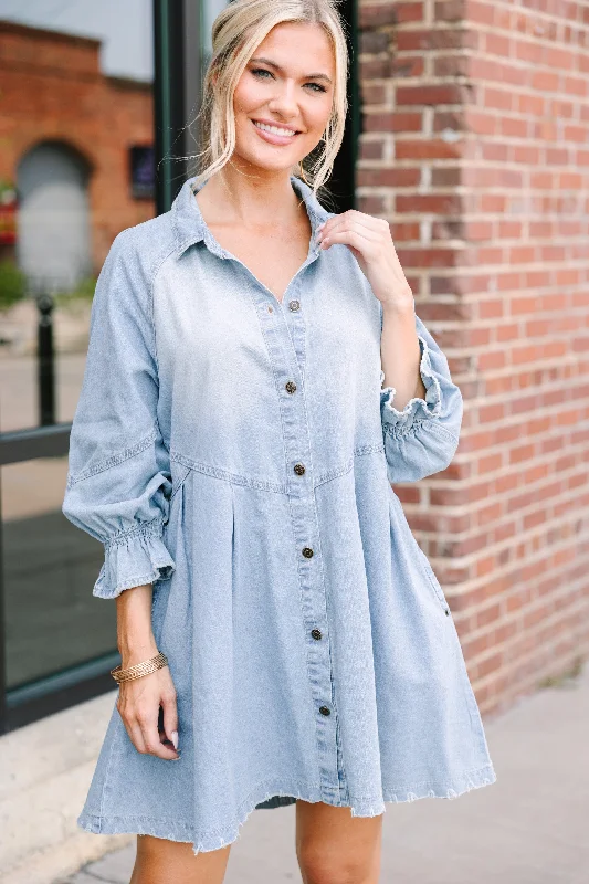 Act Now On Your Side Light Wash Denim Dress
