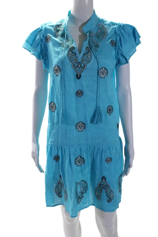 Extra Discounts Tyler Boe Womens Linen Aimee Embroidered Ruffled V-Neck Tied Dress Blue