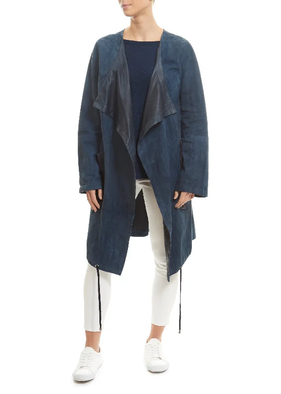 Price Reduction Long Navy Suede Belted Coat