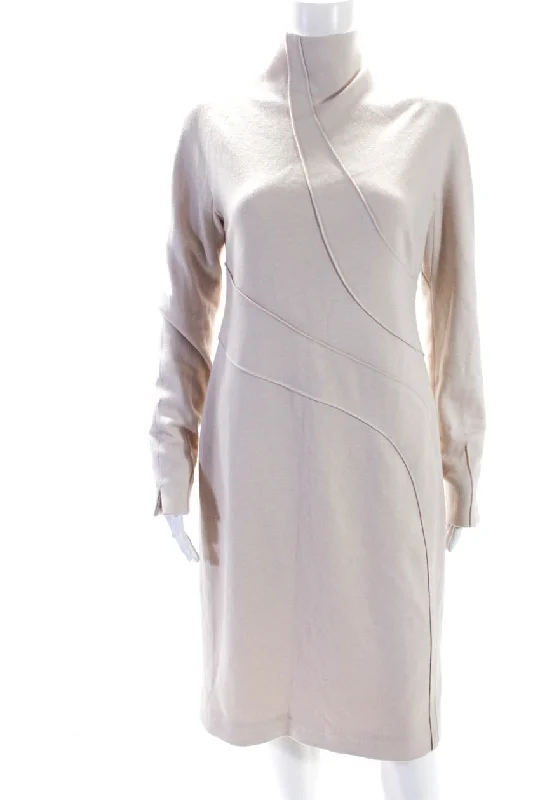 Bargain Prices Chado Ralph Rucci Womens Mock Neck Long Sleeved Midi Shift Dress Beige