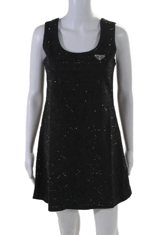 Amazing Deals Prada Womens Cotton Black Bedazzled Scoop Neck Sleeveless A-Line Dress Amazing Deals Prada Womens Cotton Black Bedazzled Scoop Neck Sleeveless A-Line Dress