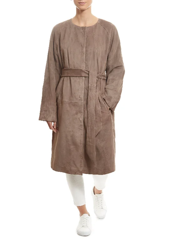 Super Deal Long Taupe Suede Belted Coat
