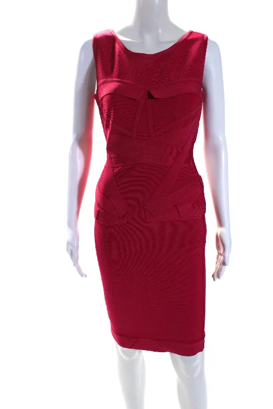 Price Smash Herve Leger Womens Scoop Neck Stretch knit Emmeline Dress Rose Red