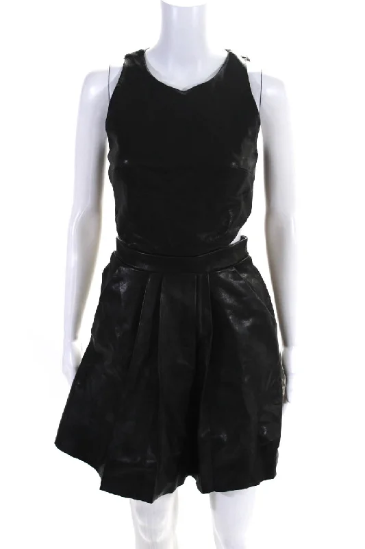 Weekend Deal Sally LaPointe Womens Cutout Bodice Leather Mini A Line Dress Black