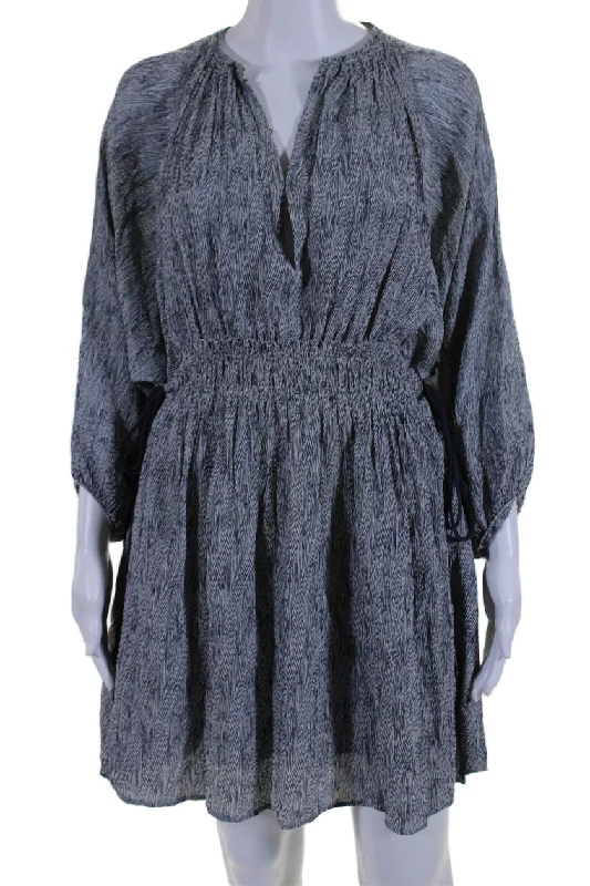 Best Deals Apiece Apart Womens 3/4 Sleeve V Neck Abstract Silk Dress Navy White
