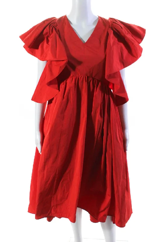 New Deals Adeam Women's Ruffle Flutter Sleeves Fit Flare Midi Matsuri Dress Red