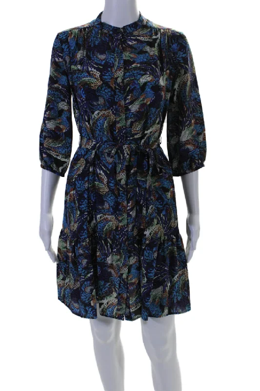Deal Explosion Saloni Womens Abstract Round Neck Long Sleeve Button Up Dress Blue