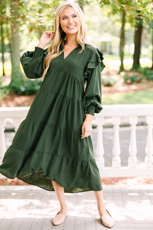 Price Buster Feeling The Fun Olive Green Ruffled Midi Dress