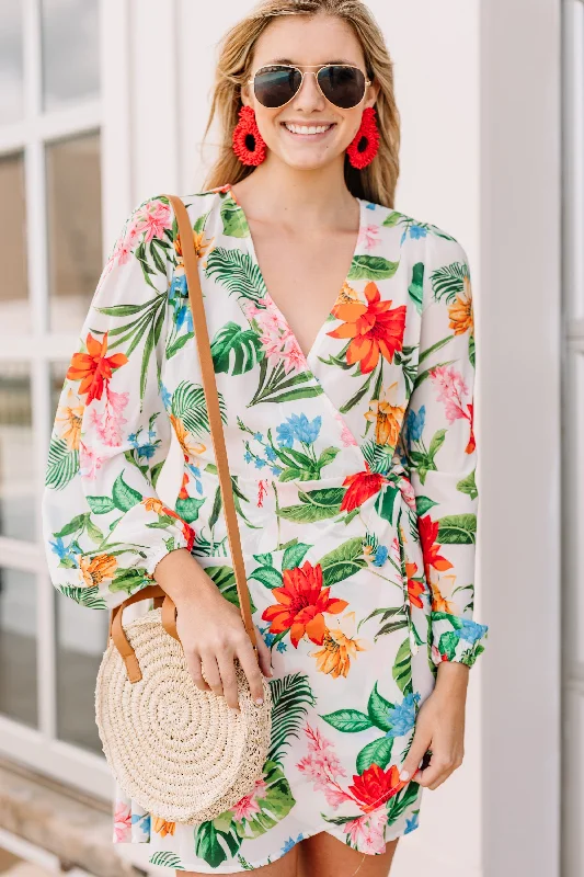 Final Clearance Here With You White Tropical Wrap Dress