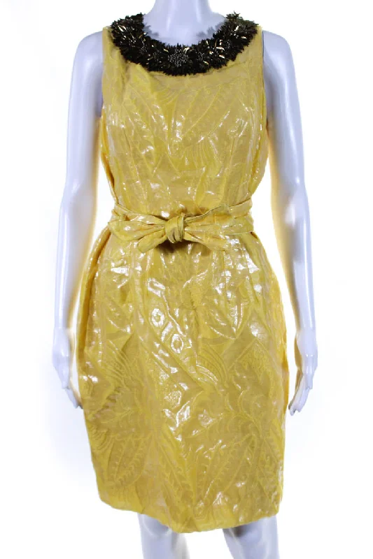 Special Savings Monique Lhuillier Womens Embellished Crew Neck Silk Sheath Dress Yellow Special Savings Monique Lhuillier Womens Embellished Crew Neck Silk Sheath Dress Yellow