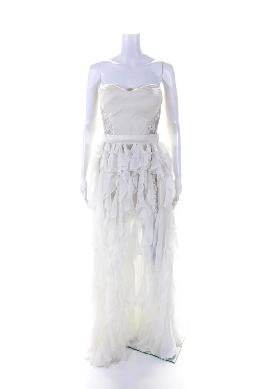 Daily Deals David Peck Satin Lace Chiffon Ruffle Strapless High Low Gown Dress White Daily Deals David Peck Satin Lace Chiffon Ruffle Strapless High Low Gown Dress White