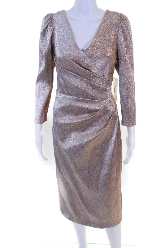 Low Prices Theia Womens Zip Back V Neck Metallic Long Sleeve Maxi Dress Pink