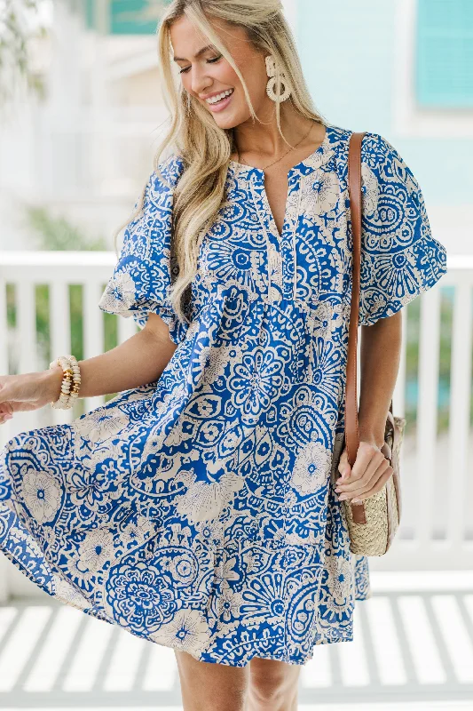 Year-End Sale There You Go Blue Floral Bubble Sleeve Dress