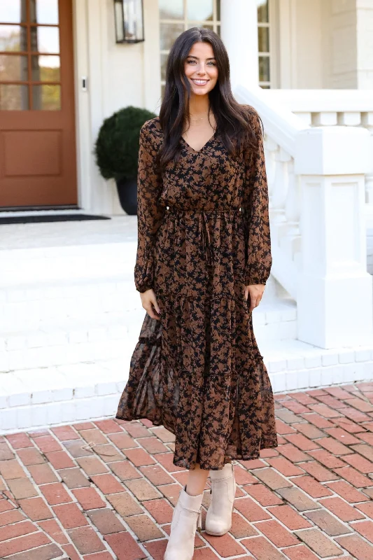 Savings Alert Graceful Glamour Black Floral Midi Dress