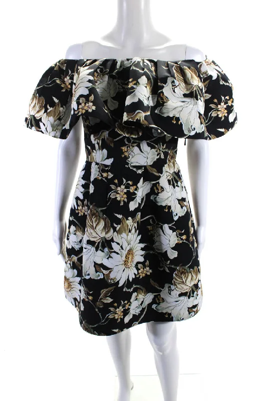 Crazy Deals Oscar de la Renta Womens Back Zip Ruffled Scoop Neck Floral Dress Black