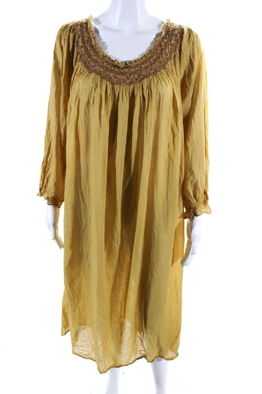 New Deals Doen Womens Cotton Long Sleeve Smocked Shift Dress Yellow