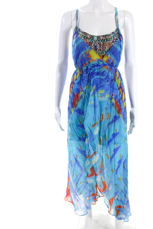 Special Price Camilla Womens Blue Abstract Print Bedazzled Sleeveless Hi-Low Dress