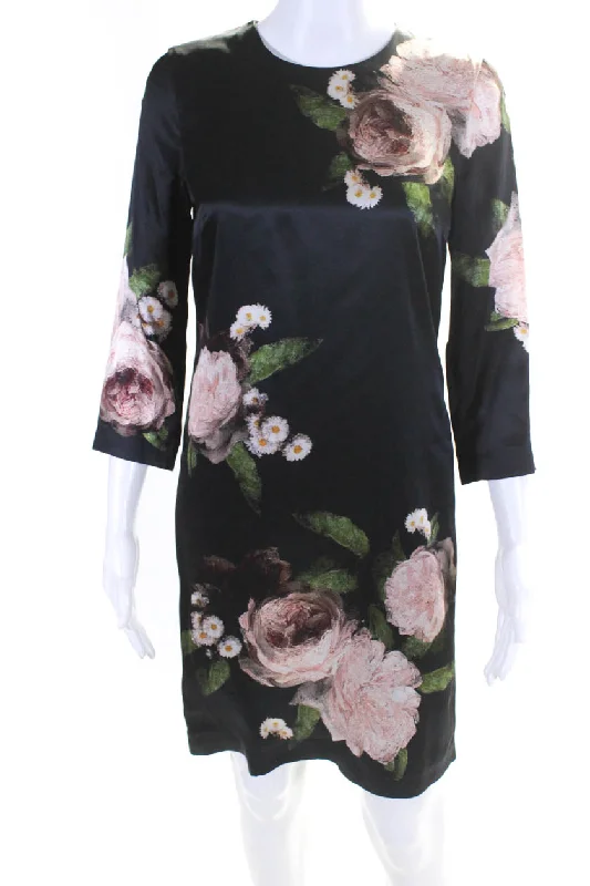 Super Deal Erdem Womens Silk Floral Print Round Neck Long Sleeve Zip Up Dress Black