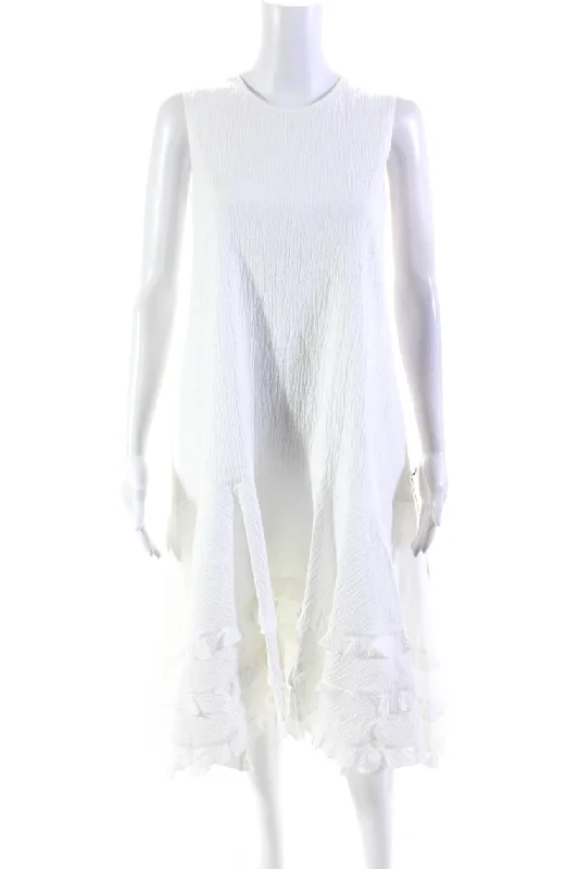 Epic Deals Adeam Womens White Textured Ruffle Detail A-Line Sleeveless Jean Dress