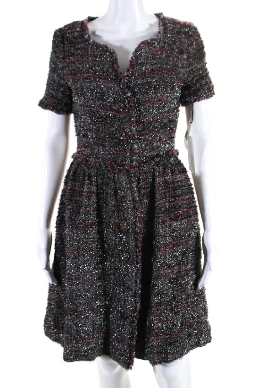 Discount Mania Fotini Womens Crystal Button Front Metallic Knit Petrova Dress Gray Red