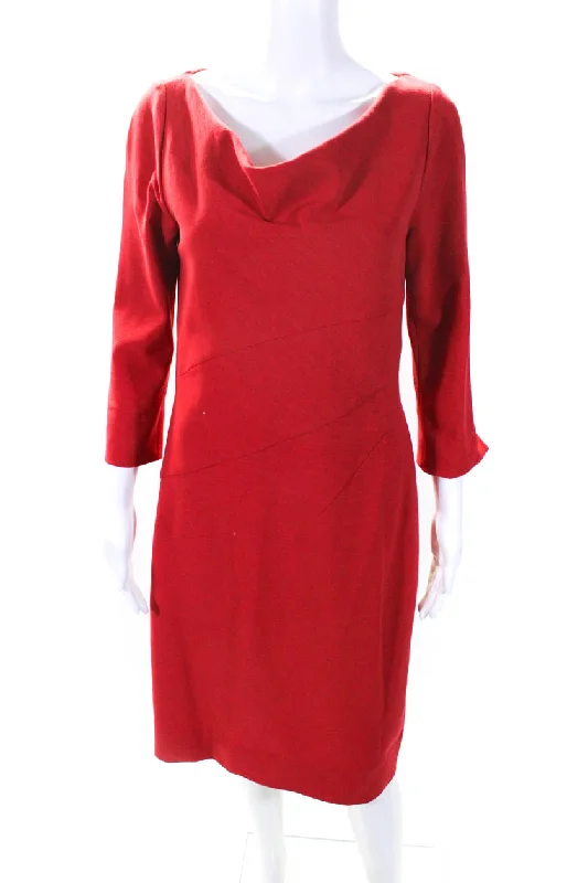 Lowest Price Oscar de la Renta Womens Long Sleeved Boat Neck Knee Length Dress Red