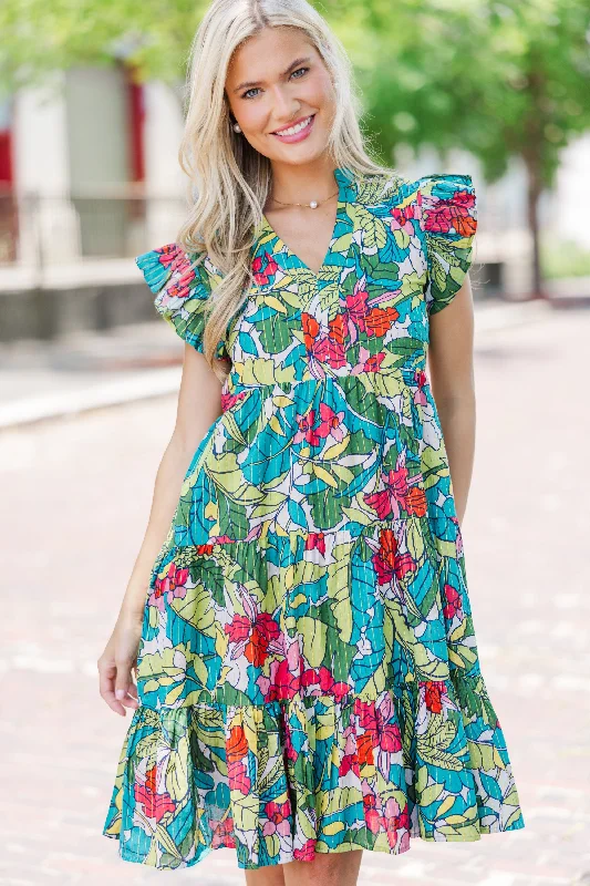 Buy Now Make It Your Own Green Tropical Tiered Dress