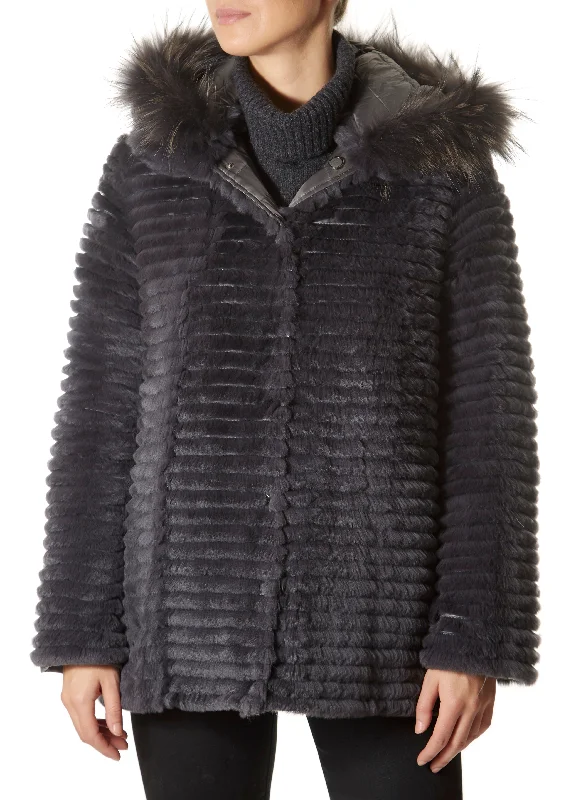 Deal Mania Short Grey Rex Rabbit Reversible Puffer