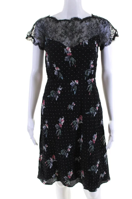 Last Chance Valentino Womens Black Floral Print Lace Trim Short Sleeve Shift Dress