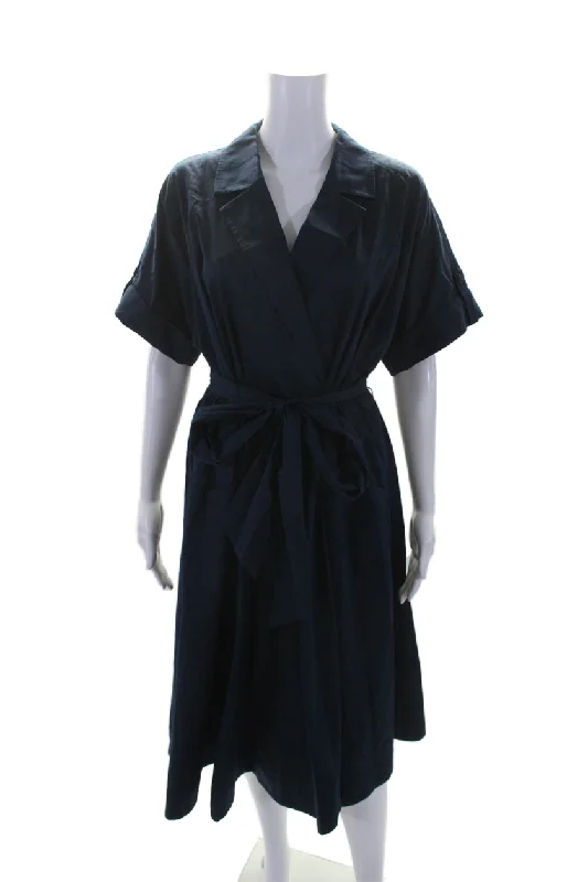 Can't Be Beat Trina Turk Womens Cotton Commodore Collar Belted Fit & Flare Dress Navy