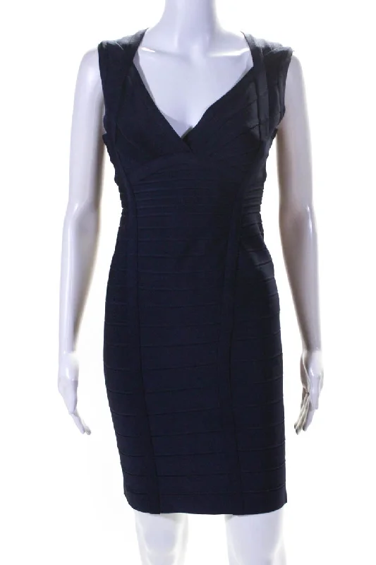 Sneak Peek Sale Herve Leger Womens V Neck Sleeveless Bandage Dress Navy Blue
