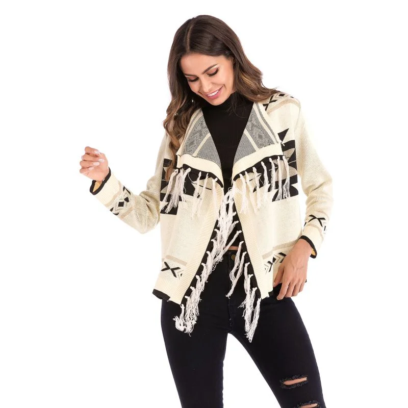 Quick Sale Ethnic Geometric Knitting Tassel Fringed Long-Sleeve Knitted Cardigan