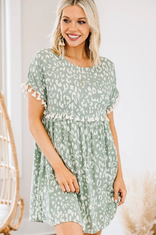 Bonus Savings Live Your Life Sage Green Leopard Tassel Dress
