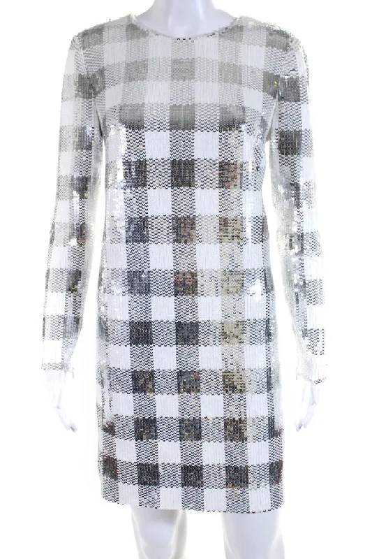 Year-End Clearance Carolina Herrera Womens Sequined Plaid Long Sleeves Dress Silver White Year-End Clearance Carolina Herrera Womens Sequined Plaid Long Sleeves Dress Silver White