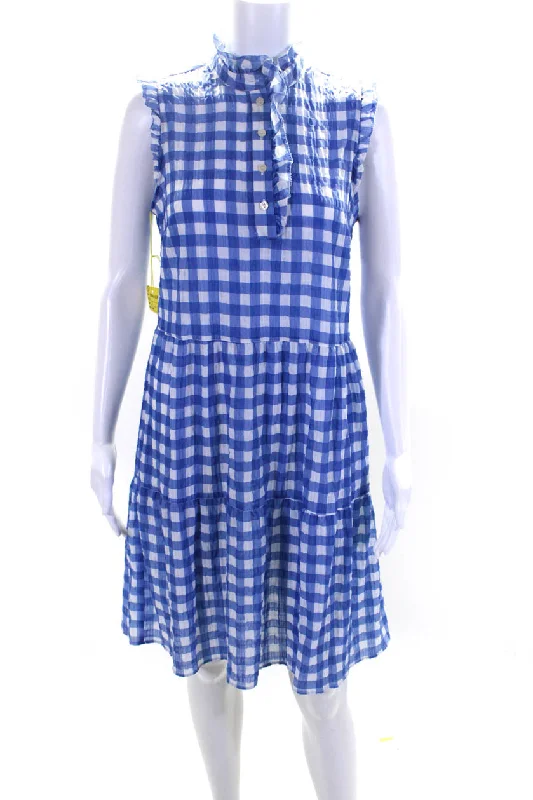 Fantastic Offers 0039 Italy Womens Blue Gingham Ruffle V-Neck Sleeveless Pompae Dress Fantastic Offers 0039 Italy Womens Blue Gingham Ruffle V-Neck Sleeveless Pompae Dress