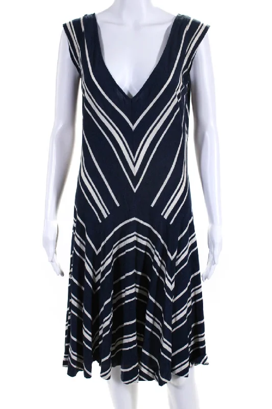 Closeout Ralph Lauren Womens Stretch Striped V-Neck Sleeveless Pullover Dress Navy