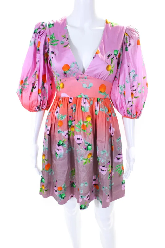 Super Deal Cynthia Rowley Womens Graphic Ombre Print V-Neck Bishop Sleeve Dress Pink