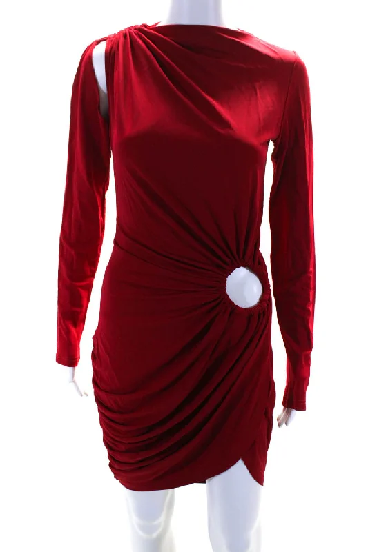 Price Drop Alert Monse Womens Long Sleeve Keyhole Detail Draped Dress - Ruby