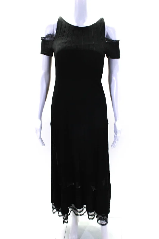 Early Access Chanel Womens Lace Trim Cold Shoulder Short Sleeves Dress Black