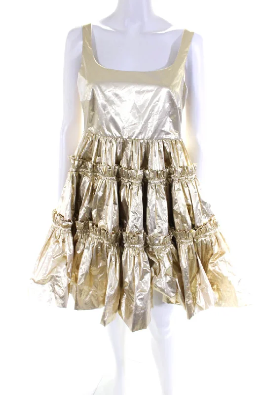 Don't Wait Molly Goddard Womens Lame Gathered Tiered Strap Dress - Gold