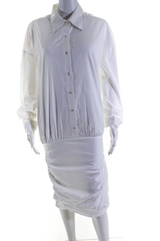 Don't Wait Cekette Womens Half Button Side Zip Ruched Shirt Dress White Cotton