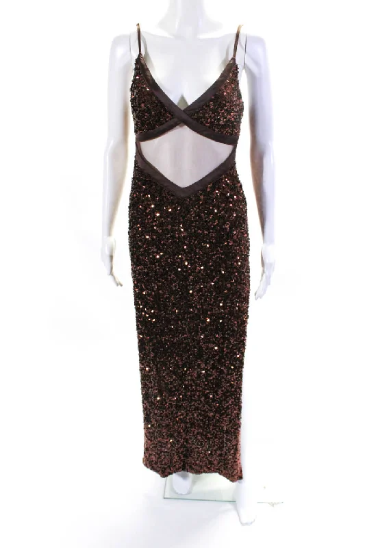 Fantastic Deals Meshki Women's V-Neck Sheer Trim Spaghetti Straps Sequin Maxi Dress Brown Fantastic Deals Meshki Women's V-Neck Sheer Trim Spaghetti Straps Sequin Maxi Dress Brown