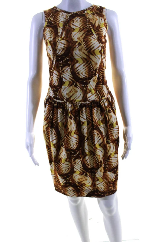 Can't Miss Oscar de la Renta Womens Brown Printed Silk Sleeveless Bodycon Dress