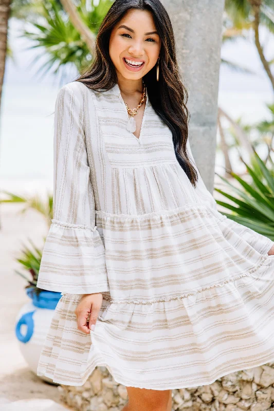 Price Rollback All The Above Taupe Brown Striped Tiered Dress